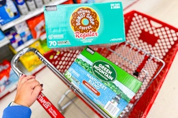 boxes of kcups in a cart