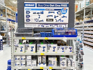 A display of Kobalt tools at Lowe's, with a sale sign advertising a Buy One Get One Free deal.