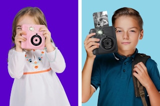 2 stock photos of kids holding the InstaPrint camera (one is printing a photo)