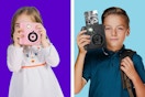 2 stock photos of kids holding the InstaPrint camera (one is printing a photo)