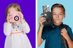 2 stock photos of kids holding the InstaPrint camera (one is printing a photo)