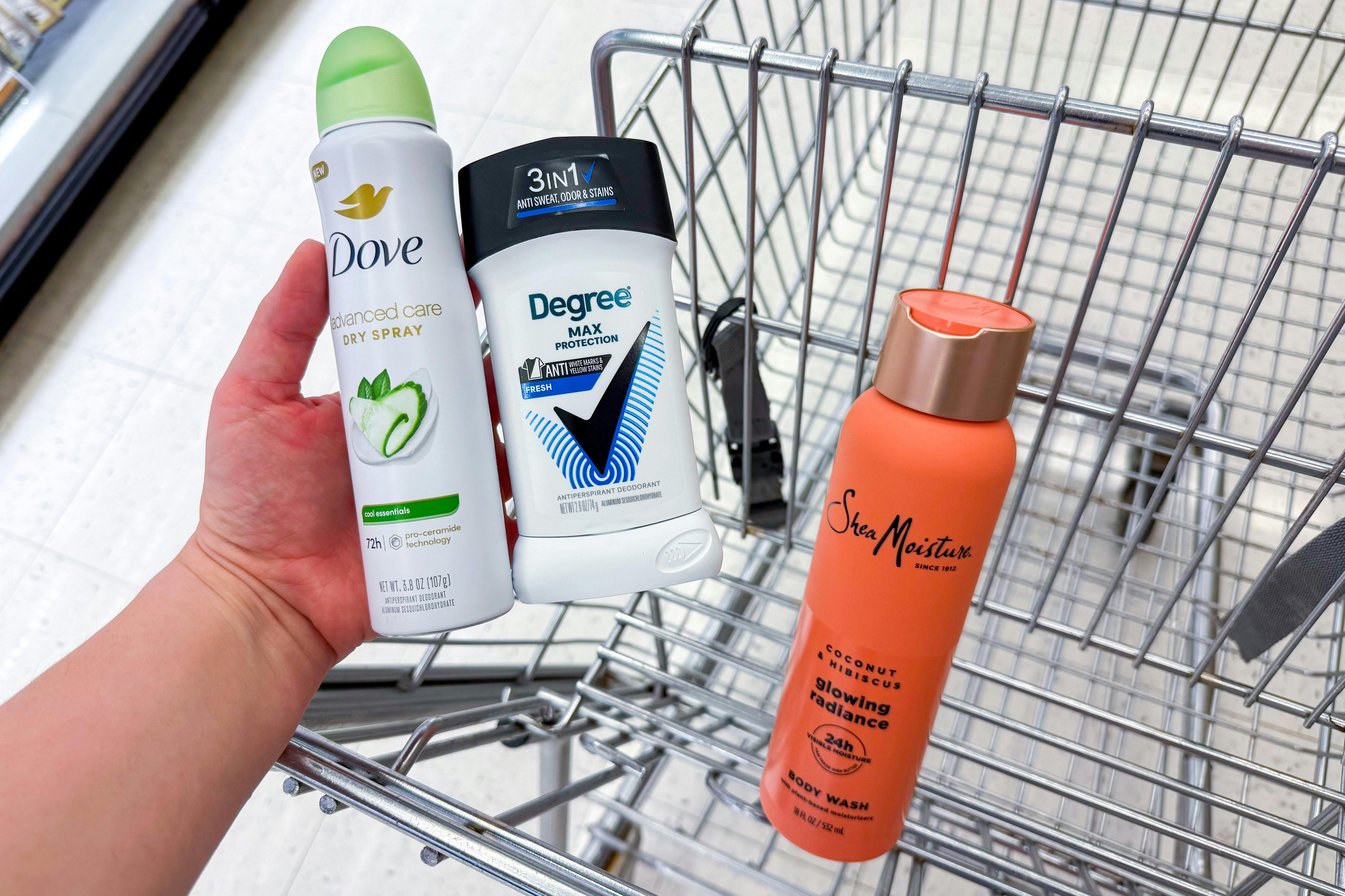 dove, degree, and sheamoisture products in a shopping cart