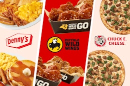 May Best Food Deals: BOGOs at Denny's, Buffalo Wild Wings, Chuck E. Cheese card image