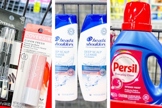 collage image of covergirl cosmetics, head and shoulders shampoo, and persil detergent