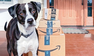 dog on front porch with stacked amazon boxes
