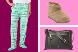 JCPenney clearance pajama pants, boots, and bag. 