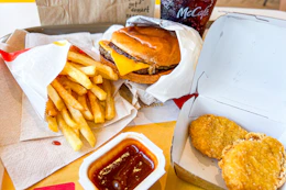 mcdonalds fries, mcdouble, nuggets, and a drink