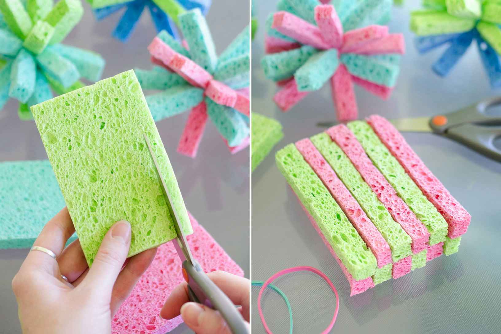 A person using scissors to cut colorful sponges into strips and stacking them with alternating colors on a table next to some completed D...