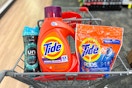 tide and downy laundry products in a cart