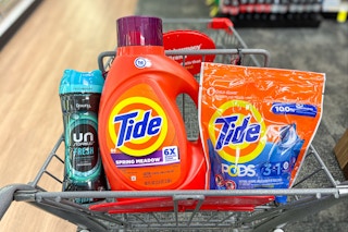 tide and downy laundry products in a cart