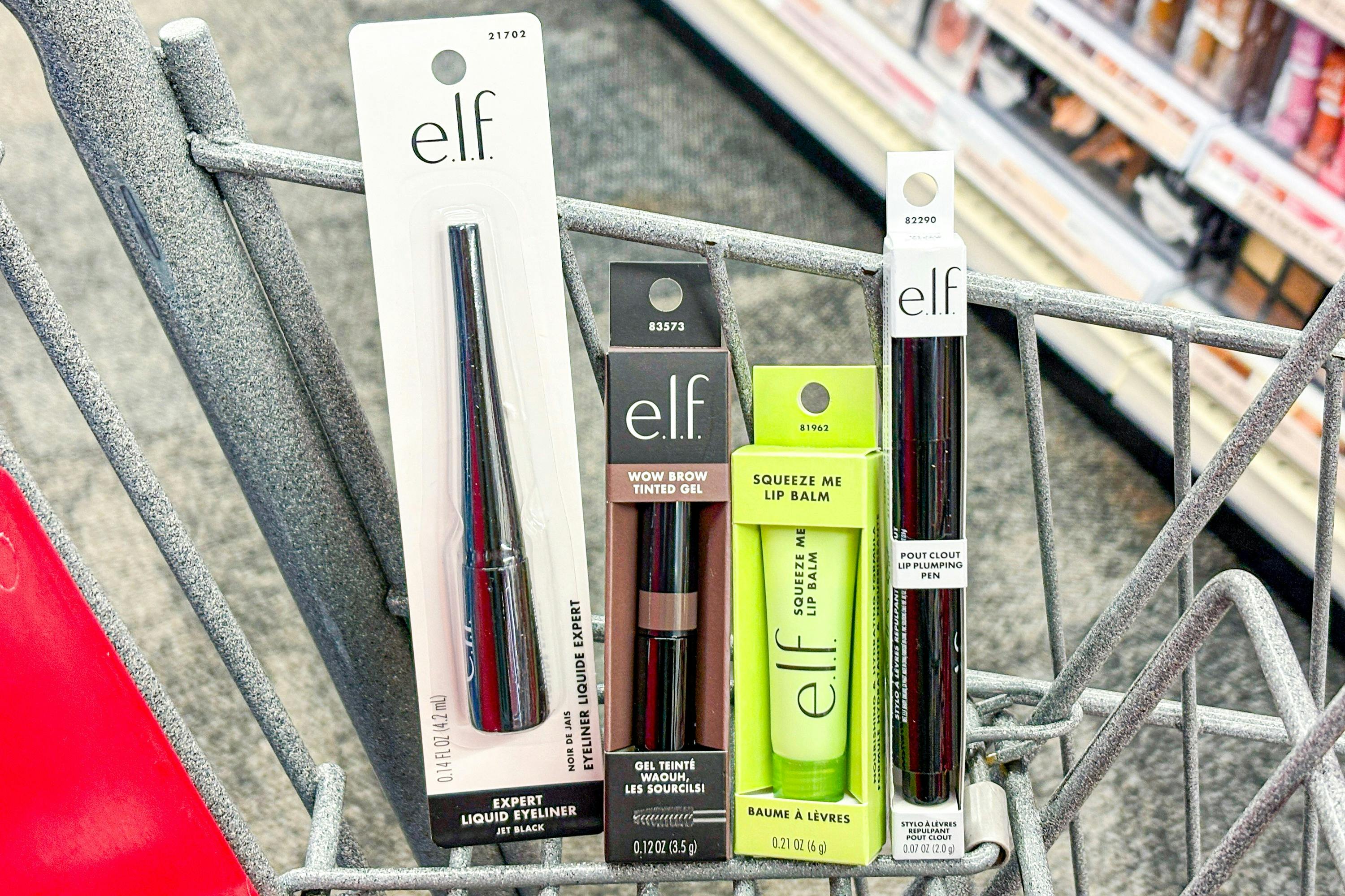 elf makeup in a cart: eyeliner, brow tint, lip balm, and pout clout lip pen