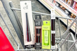 elf makeup in a cart: eyeliner, brow tint, lip balm, and pout clout lip pen