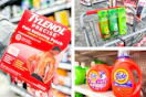 collage image of tylenol pain patches, garnier shampoo, and tide detergent