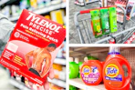 collage image of tylenol pain patches, garnier shampoo, and tide detergent