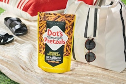 Dot's Pretzels Honey Mustard Seasoned Pretzel Twist Snack on a blanket outdoors.