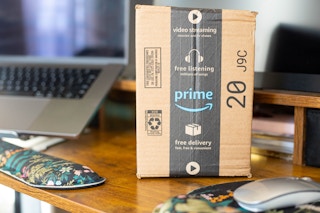 Amazon box on a desk