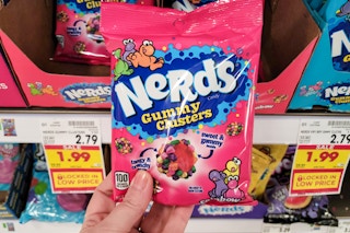 hand holding a bag of nerds gummy clusters candy at kroger
