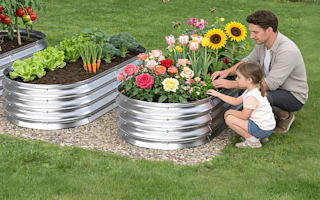 a dad and daughter picking flowers on a garden bed