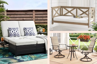 outdoor daybed, porch swing, and outdoor patio set