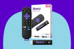 roku streaming device on a blue and purple background