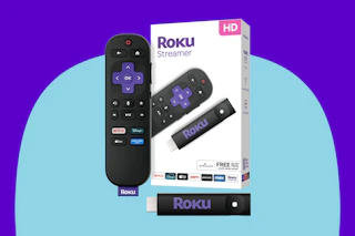 roku streaming device on a blue and purple background
