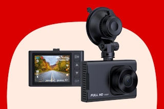 Stock image of the Newpow Front & Rear Dash Cam over red/cream max shape background