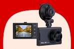 Stock image of the Newpow Front & Rear Dash Cam over red/cream max shape background