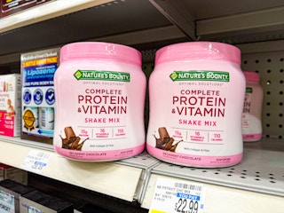 natures bounty protein powder on a shelf