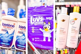 collage image of biotene mouthwash, luvs diapers, and dove shampoo