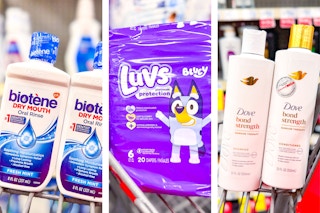 collage image of biotene mouthwash, luvs diapers, and dove shampoo