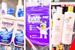collage image of biotene mouthwash, luvs diapers, and dove shampoo