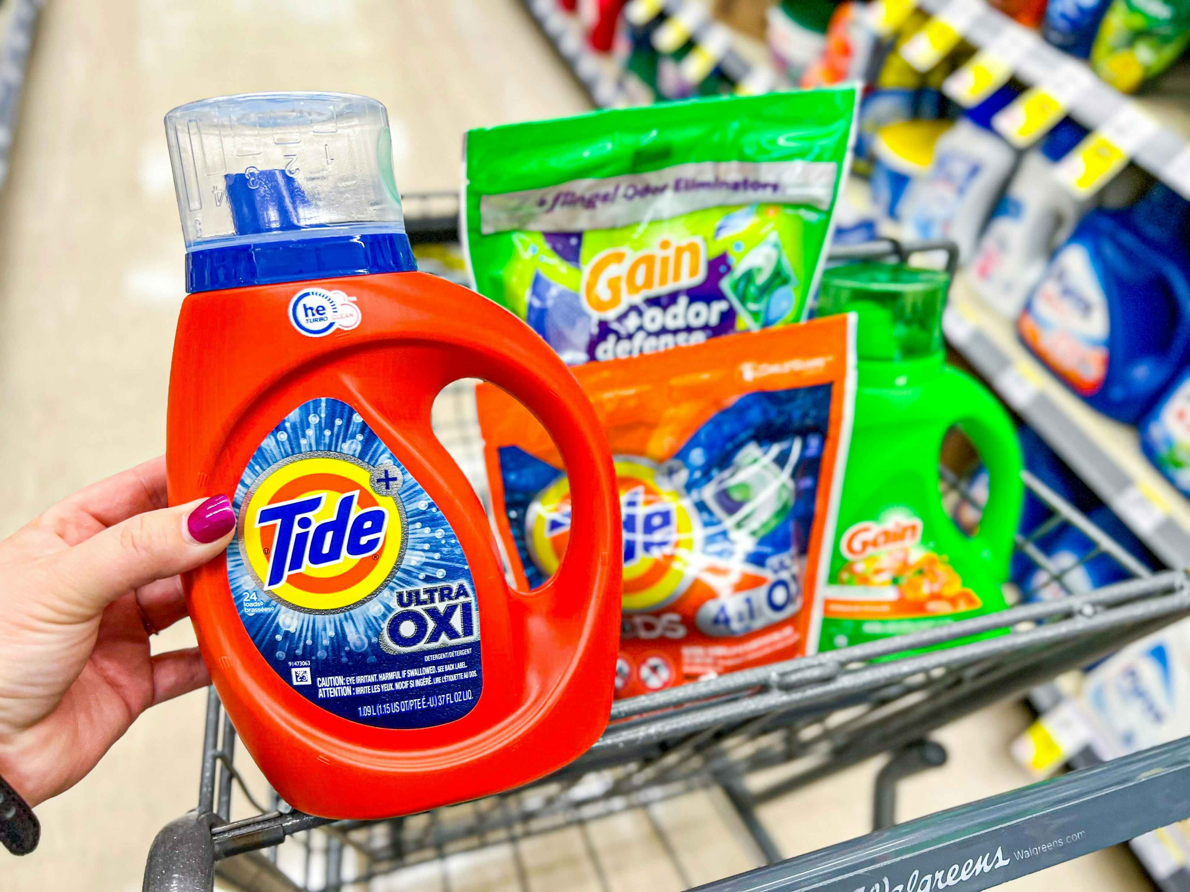 walgreens cart with gain and tide laundry detergent