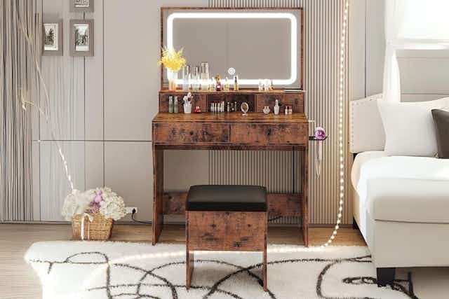 Vanity Desk and Stool Set With LED Lighted Mirror, $137 on Amazon card image