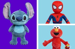 Disney Stitch plush, Spider-Man plush, and Elmo plush
