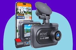 ROVE R2-4K DUAL Dash Cam Front and Rear on a blue background.