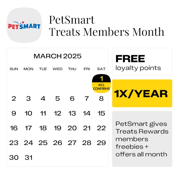 Calendar graphic showing that the PetSmart Treats Members Month offers started on March 1, 2025.