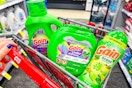 gain flings, detergent and scent beads in a cart