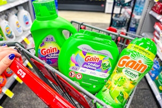 gain flings, detergent and scent beads in a cart