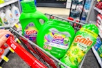 gain flings, detergent and scent beads in a cart