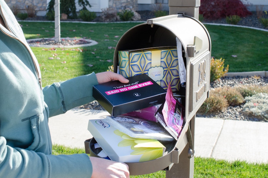 Mail box stuffed with free makeup samples