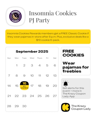 calendar showing 2025 date for insomnia cookies pj party event
