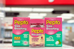 pepto bismol products on a store counter
