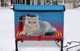a cat in a heated cat house outside