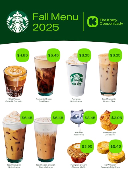 a graphic showing starbucks 2025 fall menu and prices