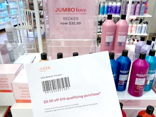 printed ulta coupon near jumbo love event signage and products