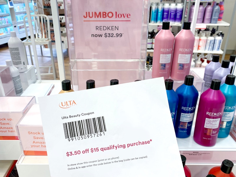 printed ulta coupon near jumbo love event signage and products