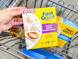 hand holding the Feel Good Foods dumplings