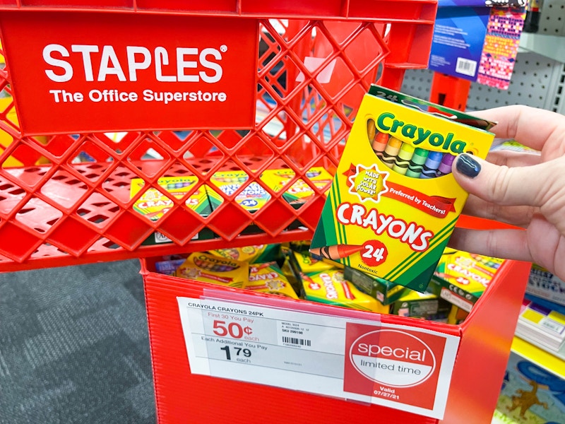 crayola crayons bin on sale in front of staples basket