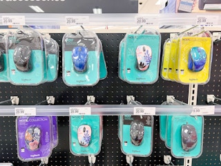 shelf of hanging logitech mice