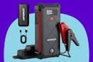 Acmount P100 Car Jump Starter on a blue background.